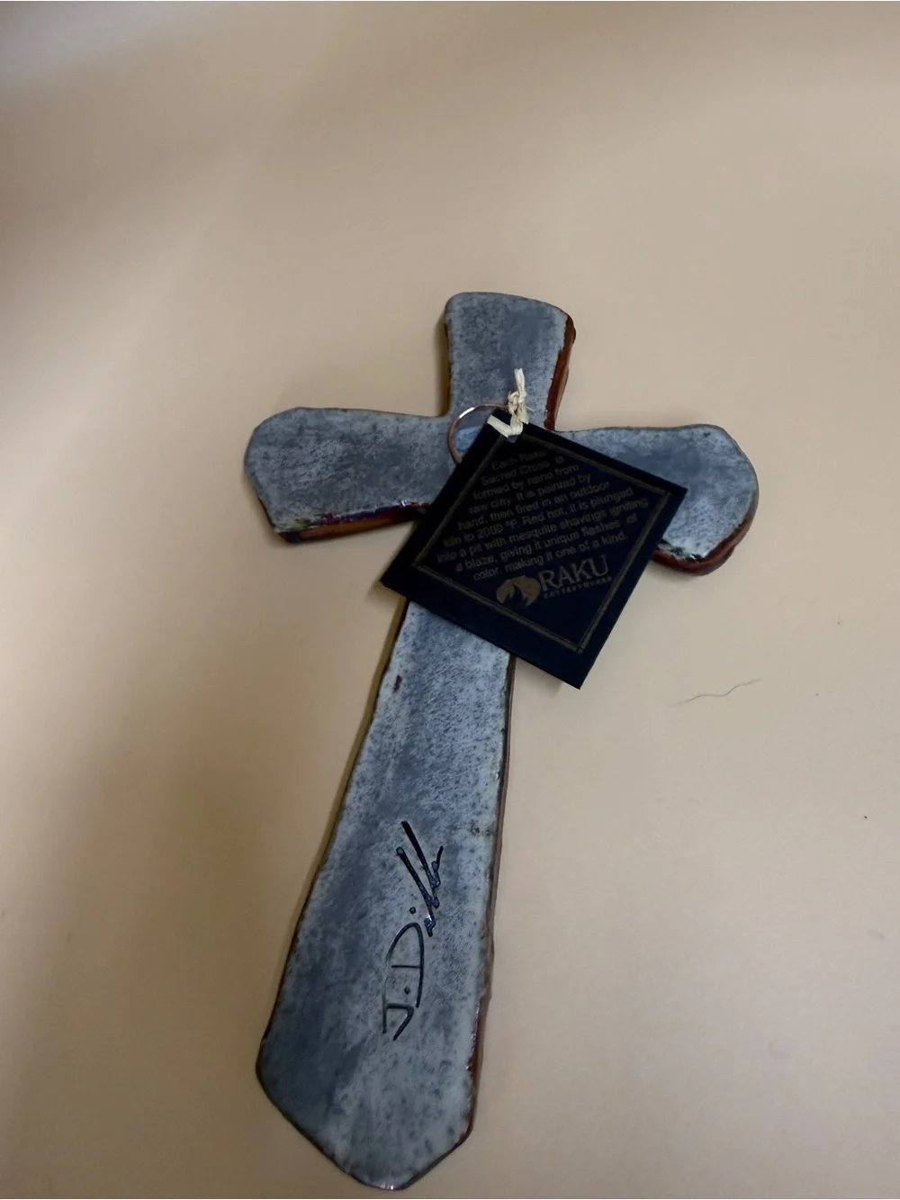 Handcrafted Jeremy Diller Raku Pottery Sacred Cross with Turquoise Heart apx 7”